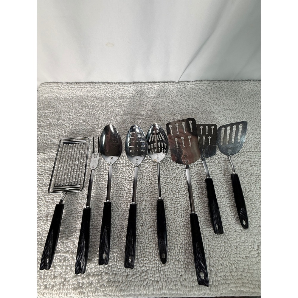 Vintage Ekco Kitchen Utensil‎ Set 8pc Black Handle Chromium Plated USA Made
